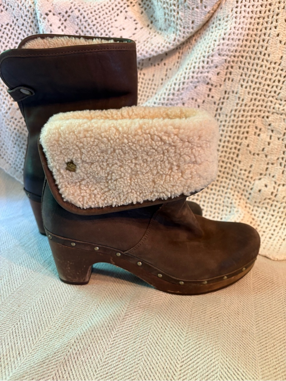 UGG Brown Suede Shearling-Cuff Clog Boots